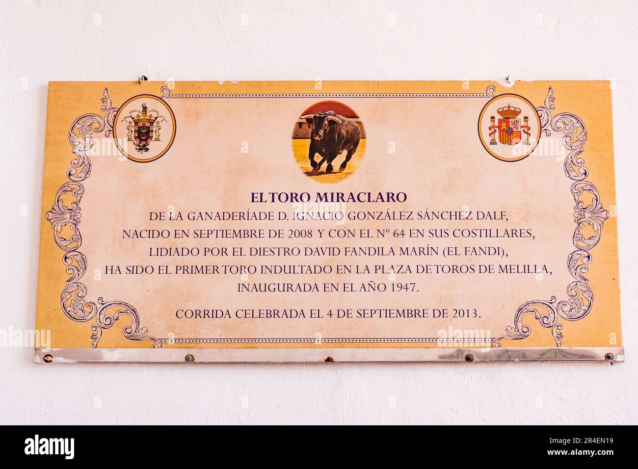 Gedenkplakette des ersten begnadigten Stiers in der Stierkampfarena namens Miraclaro. Die Stierkampfarena von Melilla, auch bekannt als die Moschee der Stierkämpfe Stockfoto