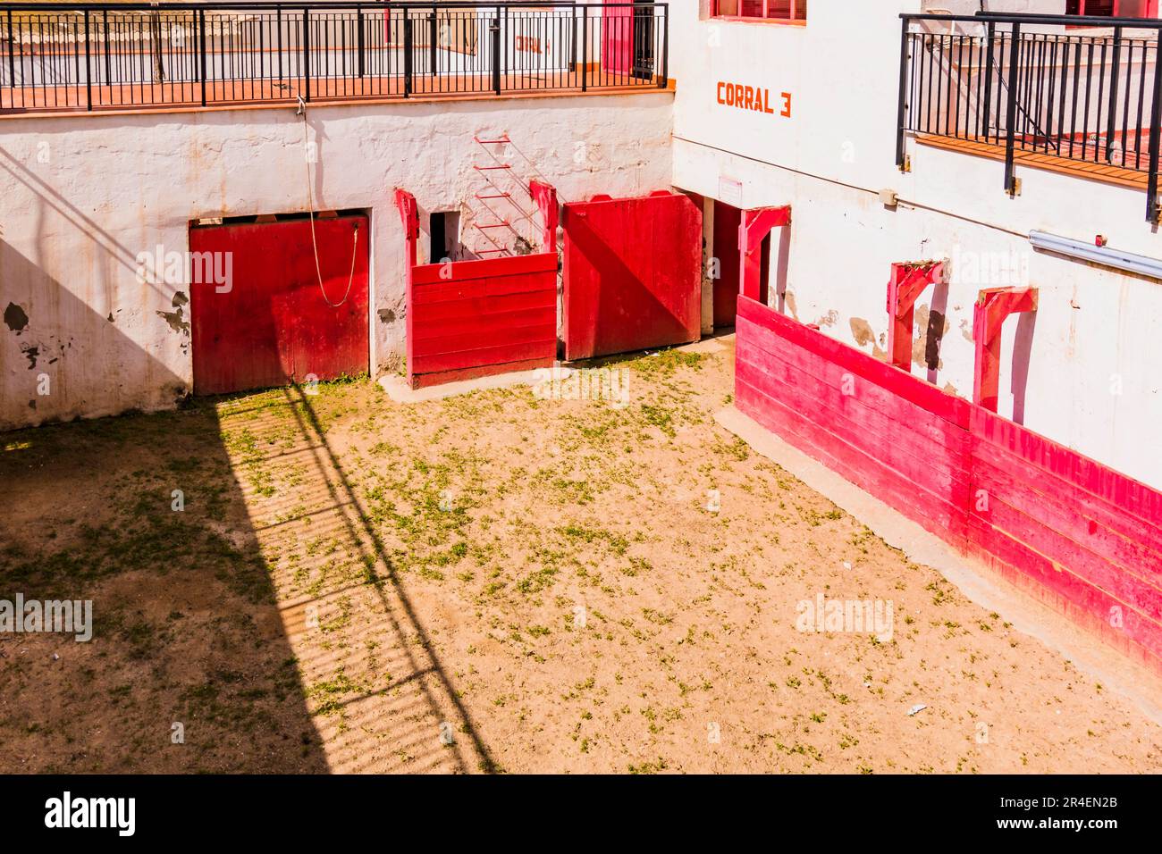 Corrales, wo die Bullen warten, bevor sie in den Ring kommen. Die Stierkampfarena von Melilla, auch bekannt als die Moschee der Stierkämpfe, Mezquita del tore Stockfoto