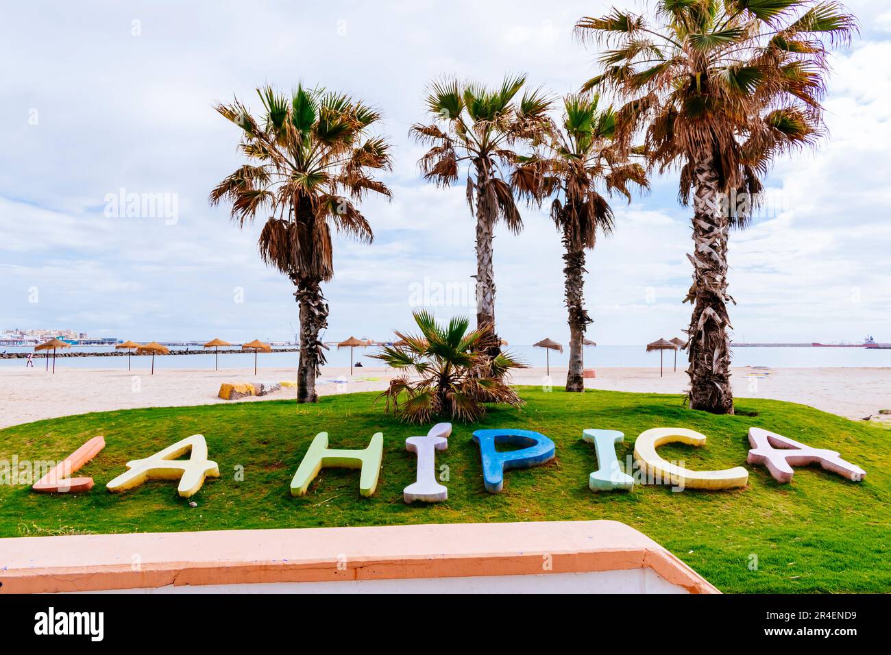 Gepflegte Wiese mit Palmen am Strand La Hípica. Blue Flag Strand. Die ikonische Blaue Flagge ist eine der weltweit anerkanntesten freiwilligen Auszeichnungen für Stockfoto