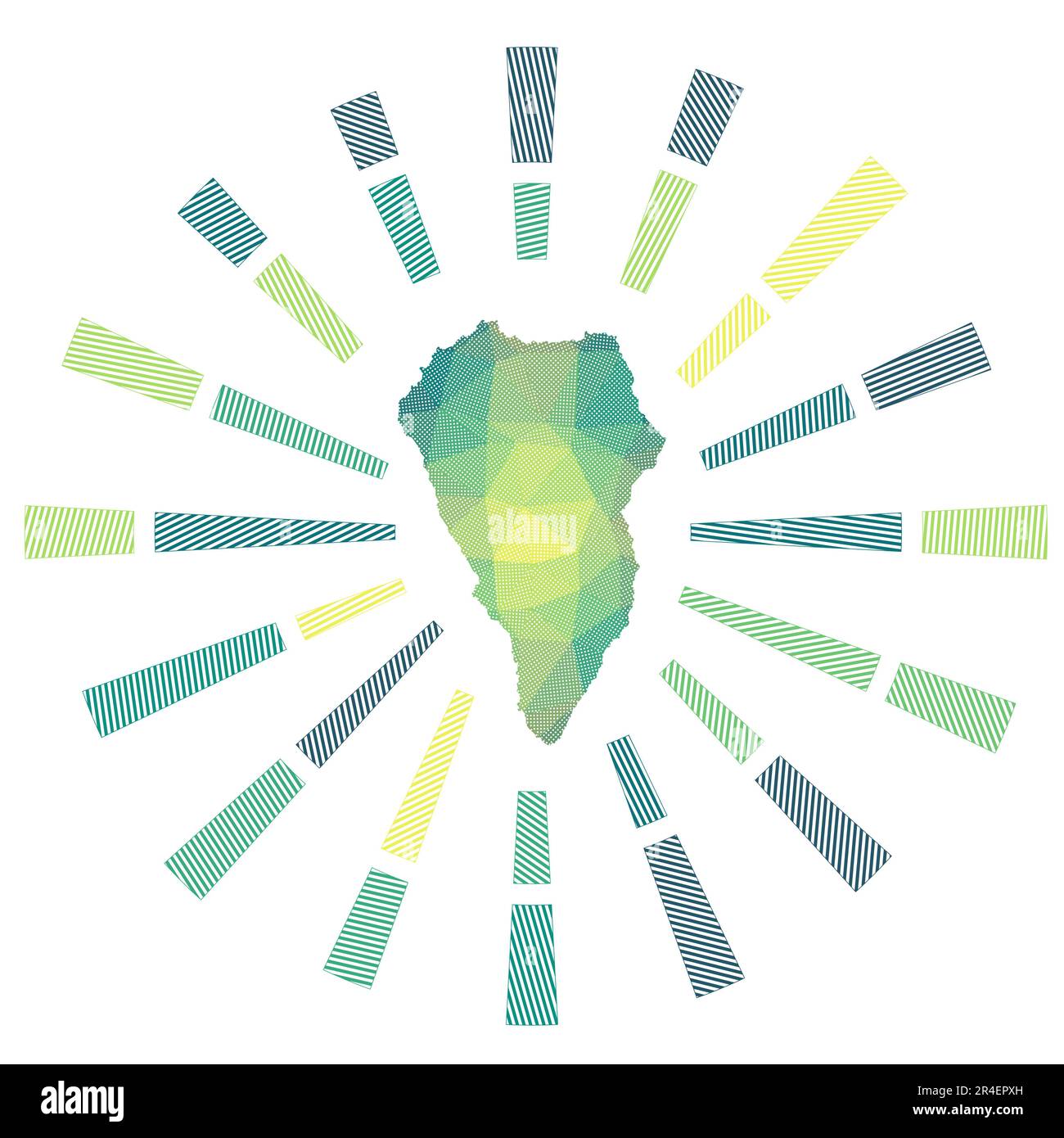 La Palma Sonnenaufgang. Niedrige poly-gestreifte Rochen und Karte der Insel. Leistungsstarke Vektordarstellung. Stock Vektor