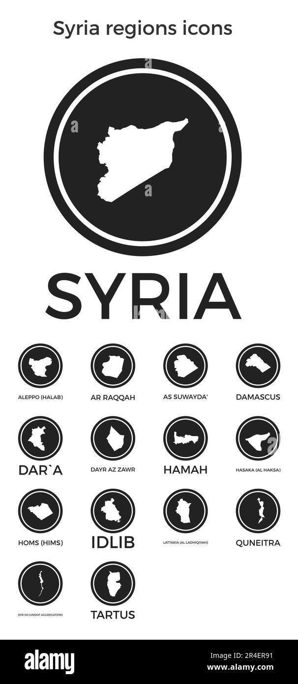 Symbole für Regionen in Syrien. Schwarze runde Logos mit Karten und Titeln der jeweiligen Region. Vektordarstellung. Stock Vektor