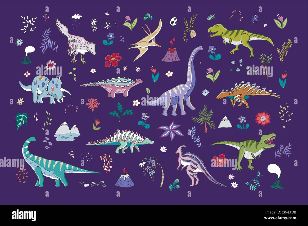 Dinosaurier mit Blumen-Vektor-Doodle-Illustrationen Stock Vektor