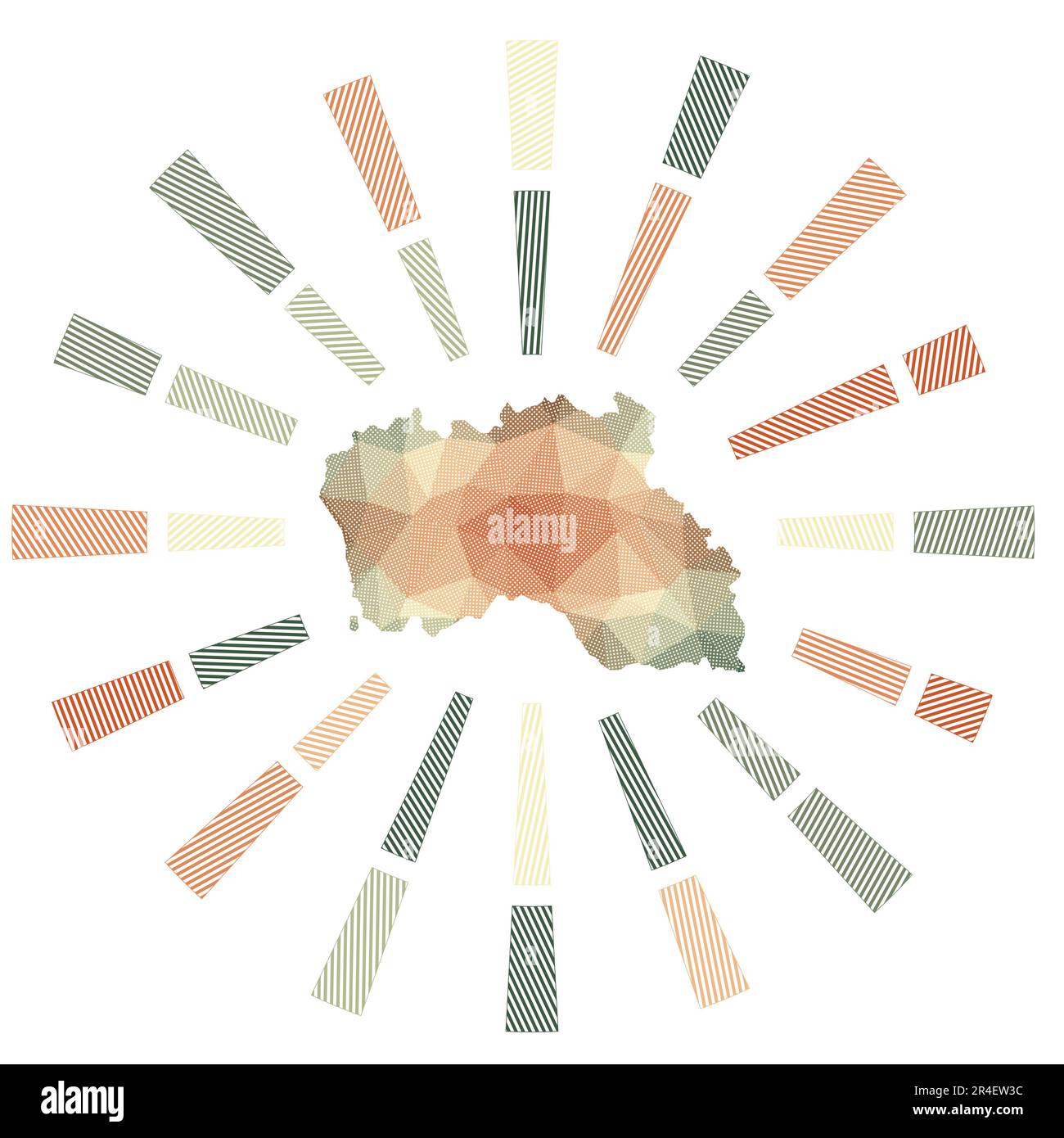 Sonnenaufgang auf der Insel Santa Maria. Niedrige poly-gestreifte Rochen und Karte der Insel. Klassische Vektordarstellung. Stock Vektor