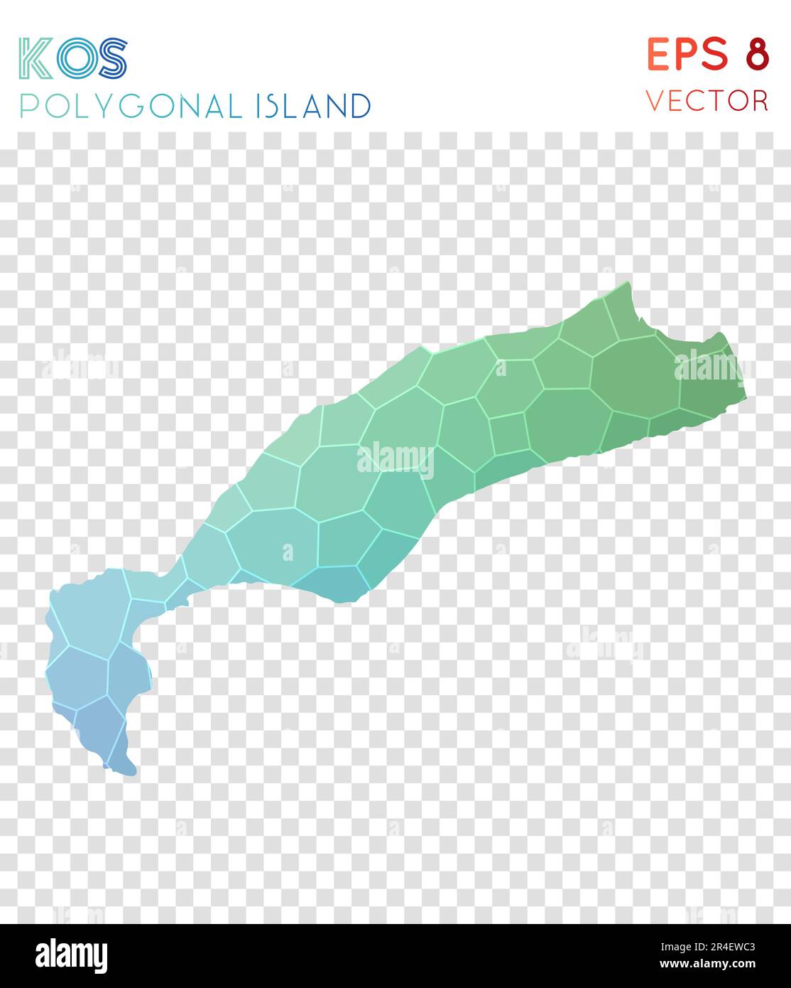 Polygonale Karte von Kos, Insel im Mosaikstil. Lebendiges, flaches Poly-Design, modernes Design. Polygonale Kos-Karte für Infografiken oder Präsentationen. Stock Vektor