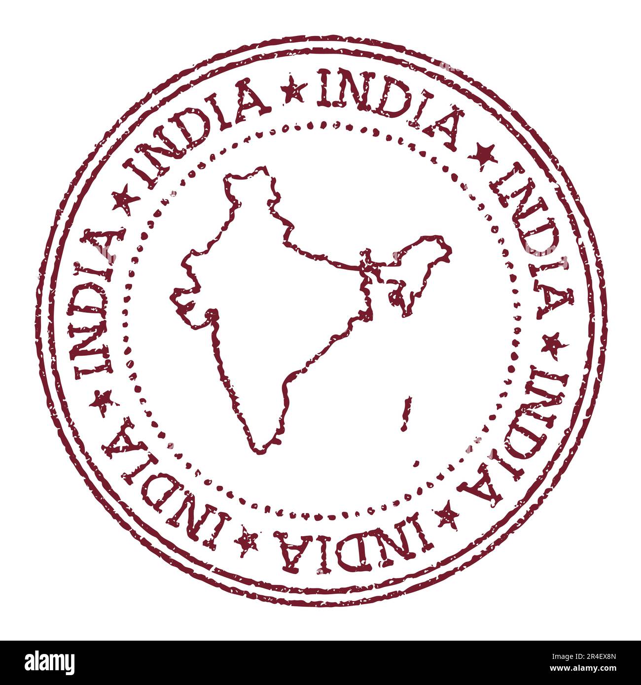 Indischer Gummistempel mit Landkarte. Vintage-roter Passstempel mit kreisförmigem Text und Sternen, Vektorgrafik. Stock Vektor