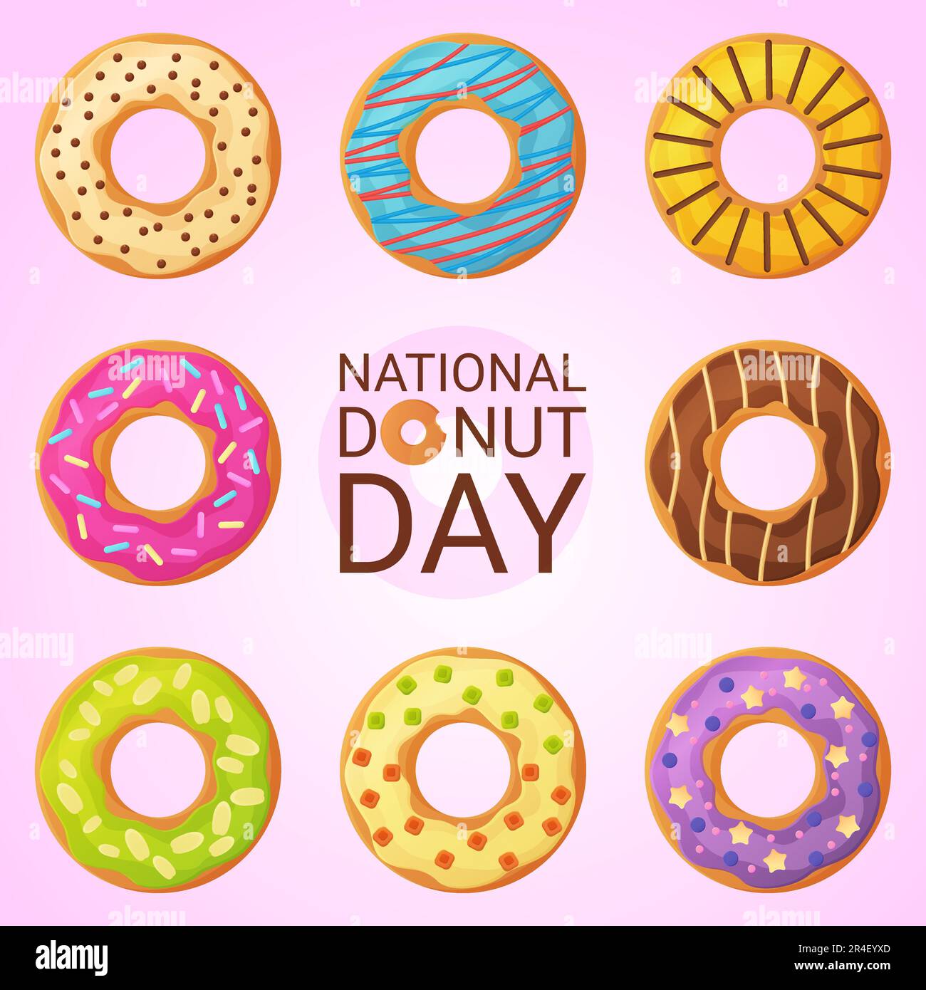 Banner zum nationalen Donut-Tag. 2. juni. Viehvektorillustion im flachen Cartoon-Stil. Stock Vektor