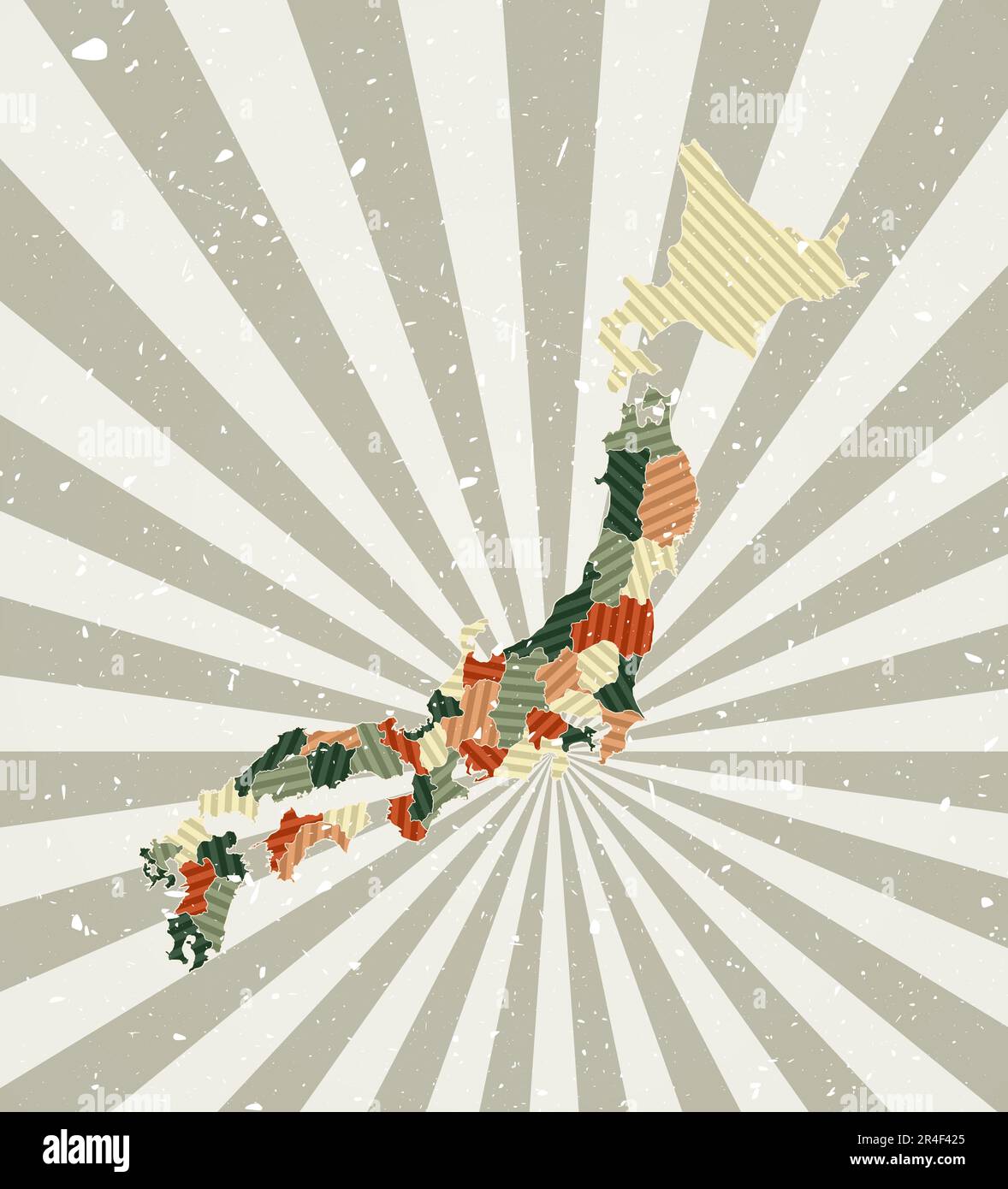 Japanische Landkarte. Grunge Poster mit Landkarte in Retro-Farbpalette. Die Form Japans mit sonnenbestrahltem Hintergrund. Vektordarstellung. Stock Vektor