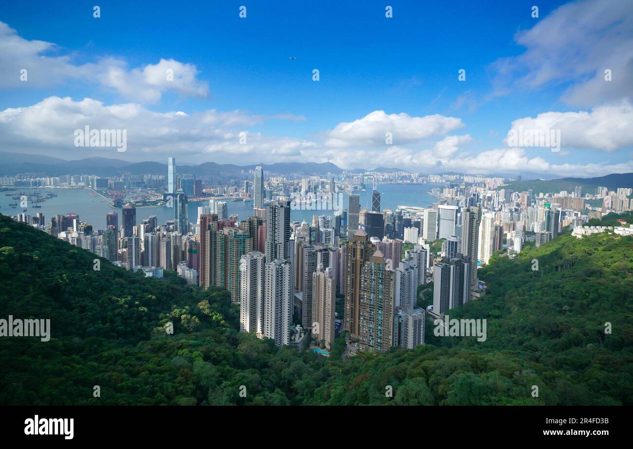 Victoria Harbor aus der Vogelperspektive, Hongkong Stockfoto