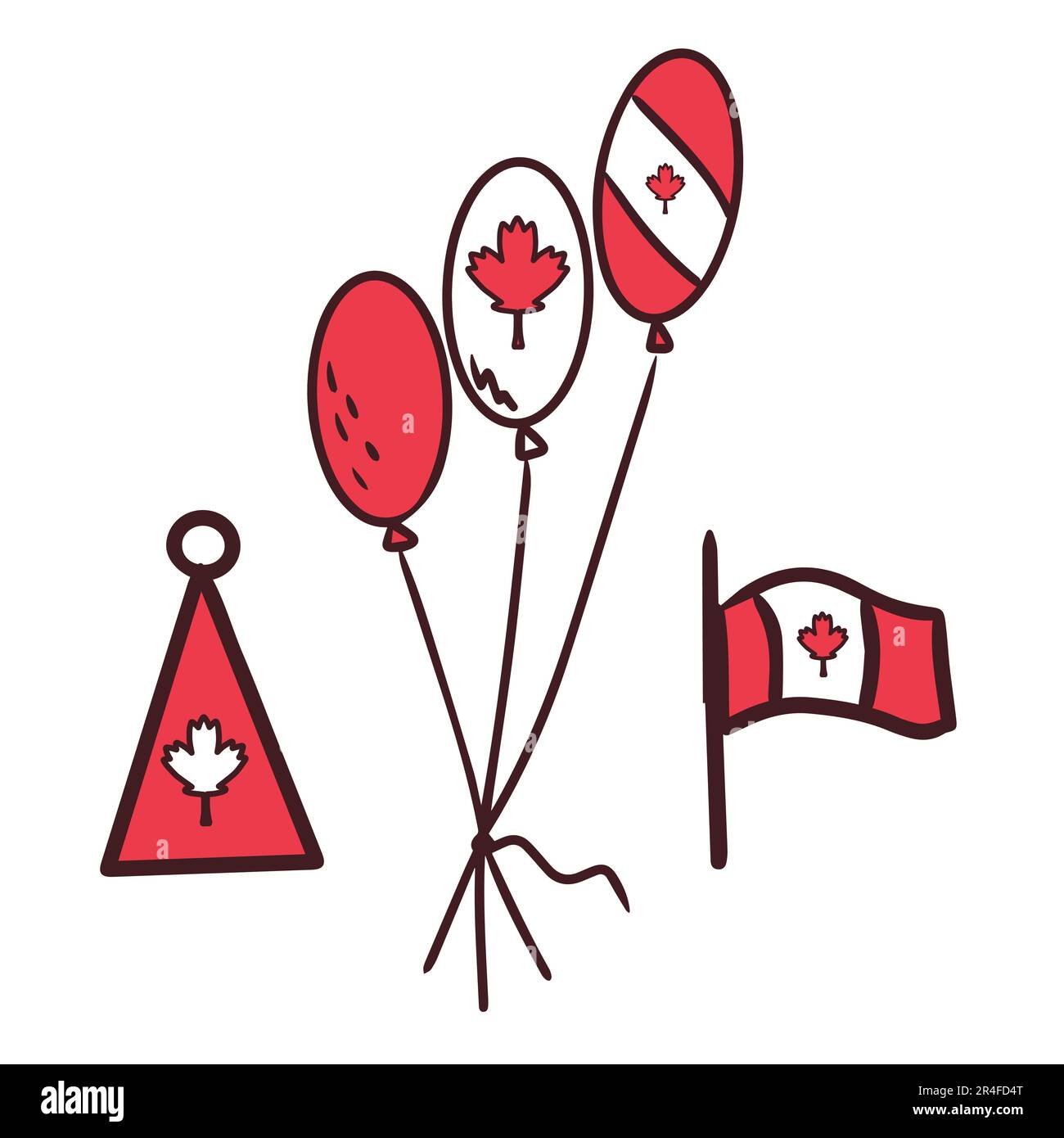 Ballons und Partyhüte mit kanadischer Flagge. Kanada-Tag. Ahornblatt als Symbol. Am 1. Juli. Die Symbolik ist rot und weiß. Doodle-Style Stock Vektor