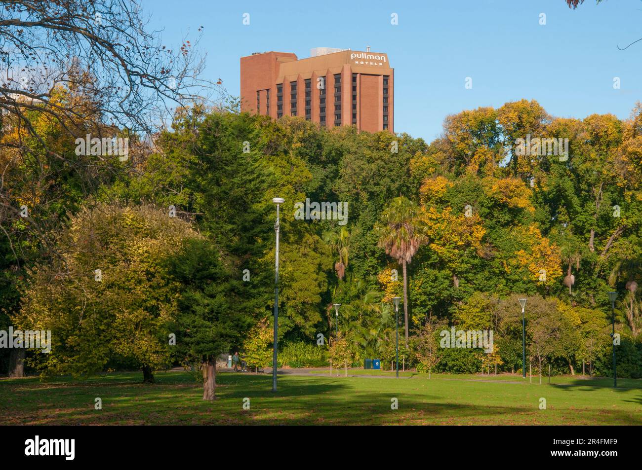 Das Pullman Melbourne On the Park Hotel im Herbst jenseits der Fitzroy Gardens, East Melbourne, Victoria, Australien Stockfoto