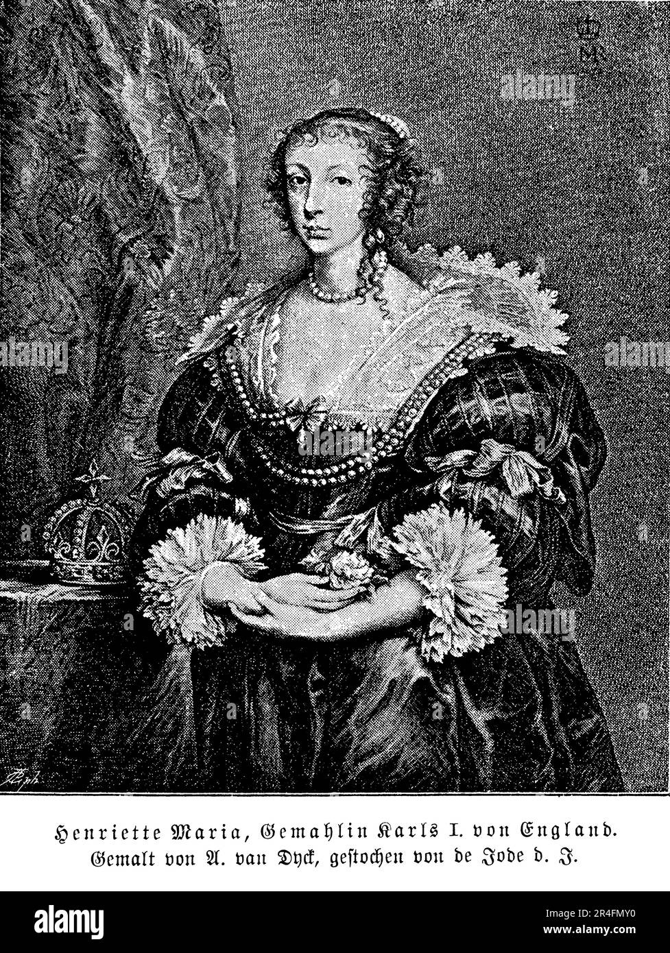 Henriette Marie war eine französische Prinzessin aus dem 17. Jahrhundert, die durch ihre Ehe mit König Karl I. zur königlichen Gemahlin Englands wurde Sie war eine gläubige Katholikin und sah sich erheblichen Widerständen der protestantischen Mehrheit in England gegenüber. Sie war an einer Reihe politischer Intrigen beteiligt und spielte eine Schlüsselrolle bei der Sicherstellung der französischen Unterstützung für die Sache der Royalisten während des Englischen Bürgerkriegs. Nach der Hinrichtung des Königs ging sie ins Exil nach Frankreich und unterstützte die Sache der Royalisten bis zu ihrem Tod Stockfoto
