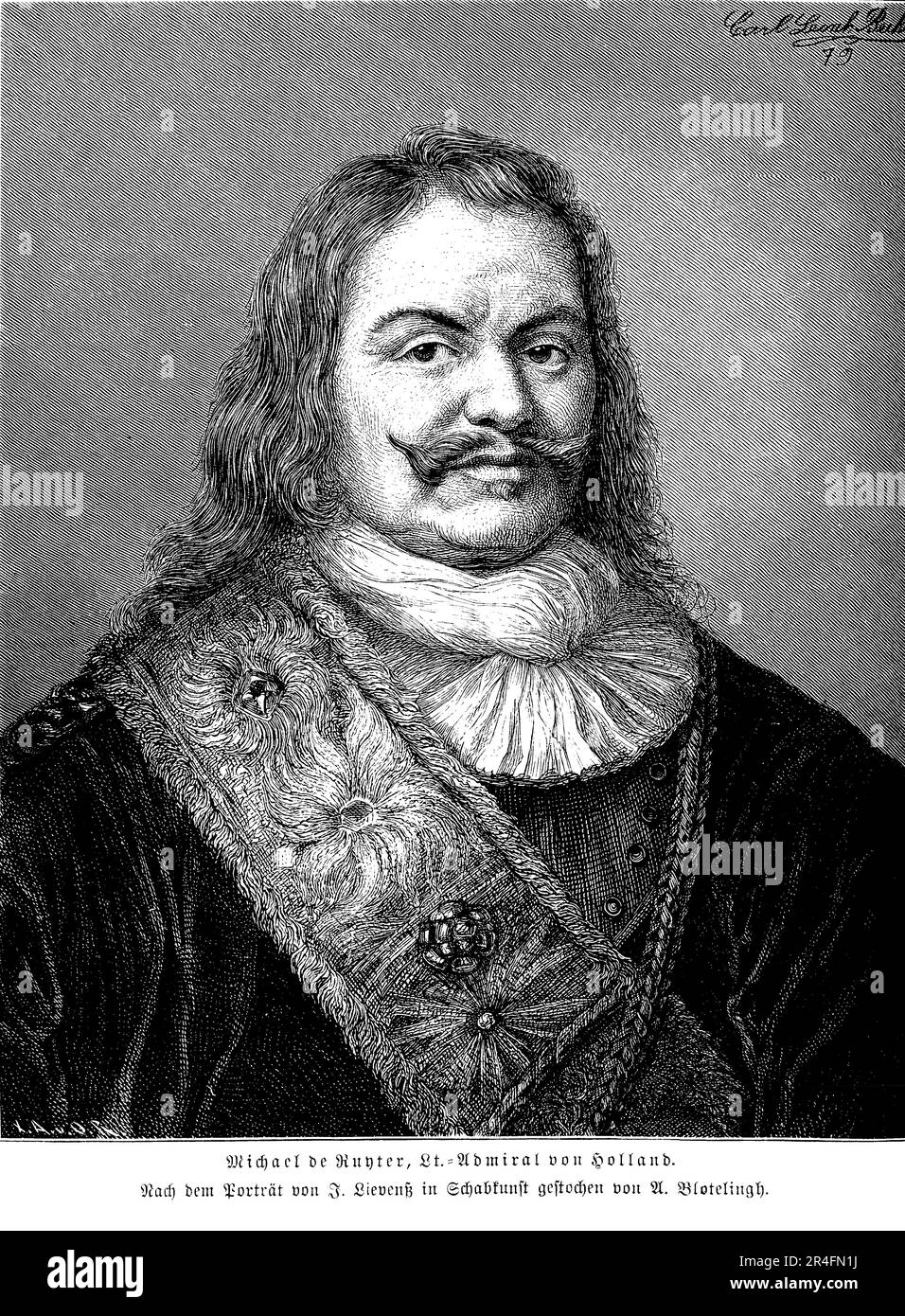 Michiel Adriaenszoon de Ruyter war ein niederländischer Admiral und einer der berühmtesten und erfolgreichsten Marinekommandanten des 17. Jahrhunderts. Er spielte eine Schlüsselrolle in den angloniederländischen Kriegen und war während des Zweiten angloniederländischen Krieges Oberbefehlshaber der niederländischen Flotte. De Ruyter war bekannt für seine taktische Brillanz und seine Fähigkeit, seine Männer zu inspirieren, und er gewann mehrere entscheidende Seekämpfe gegen die Engländer. Er spielte auch eine Schlüsselrolle bei der Ausweitung des niederländischen Einflusses in den Ost-Indies, und er wird als Nationalheld in den Niederlanden geehrt. Stockfoto