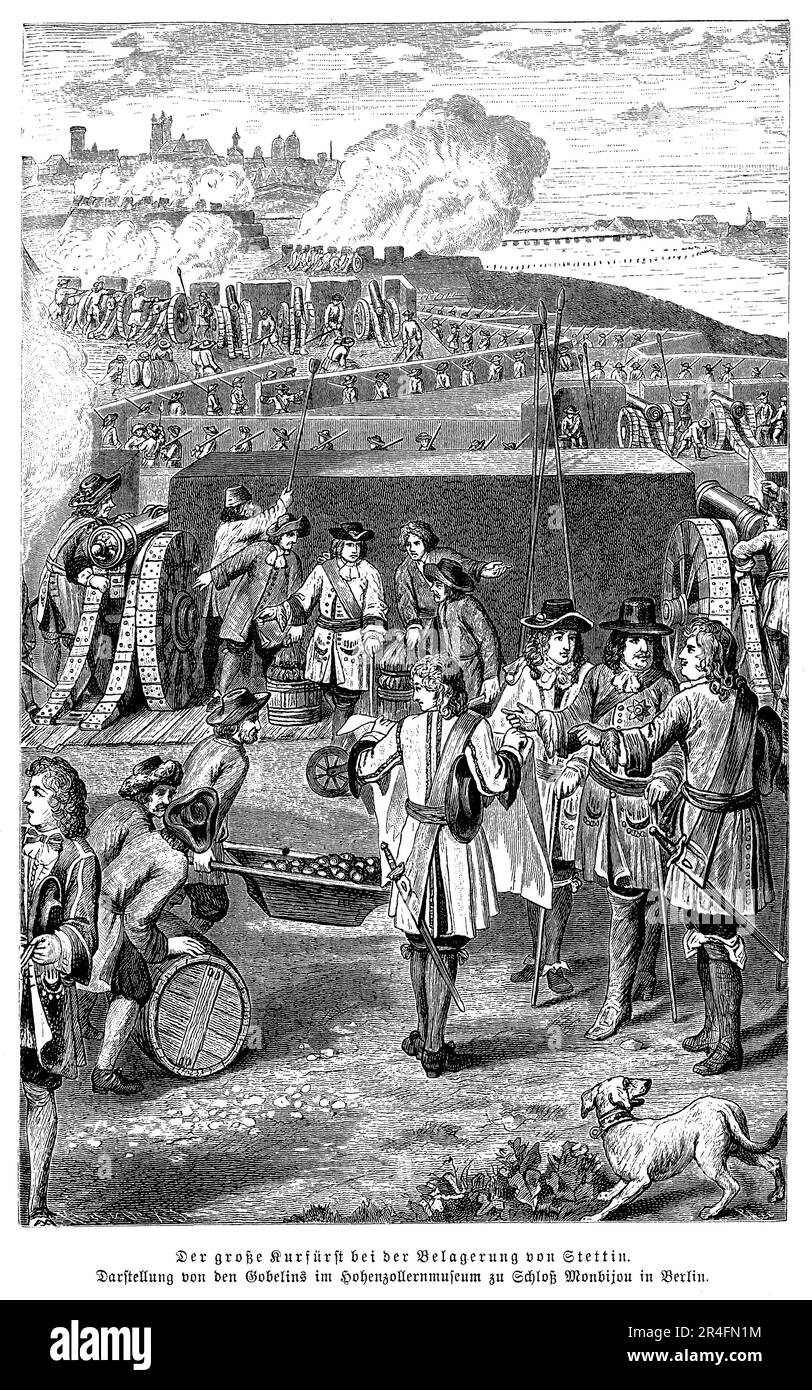 "Der Große Kurfuerst" oder Frederick William Elector von Brandenburg bei der Stettin-Belagerung. Frederick William war ein deutscher Adliger und Militärkommandant aus dem 17. Jahrhundert, der von 1640 bis zu seinem Tod im Jahr 1688 als Brandenburger Elektor regierte. Er ist bekannt für seine Militärreformen und seine Expansion der brandenburgisch-preußischen Armee, die zu einer der mächtigsten in Europa werden würde. Frederick William war auch Schutzpatron der Künste und Wissenschaften und gründete mehrere Universitäten und Akademien. Er wird als eine der wichtigsten Persönlichkeiten der deutschen Geschichte in Erinnerung gerufen Stockfoto