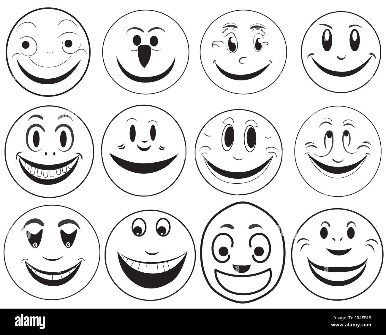 Eine Reihe von Emoji-Doodle-Ikonen, die verschiedene Emotionen und Stimmungen darstellen, wie Glück, Traurigkeit, Lächeln und Humor, In Form von Emoji-Gesichtern Stockfoto