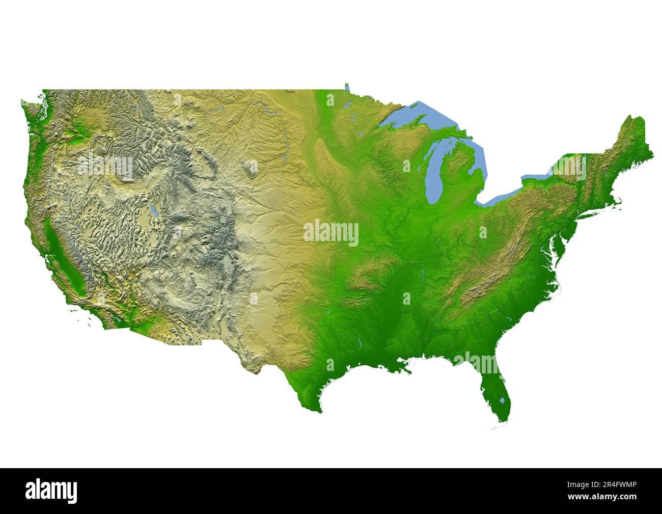 Die Karte der Vereinigten Staaten von Amerika zeigt vielfältige Reliefs, darunter Ebenen, Ebenen, Regenwälder und große Flüsse Stockfoto