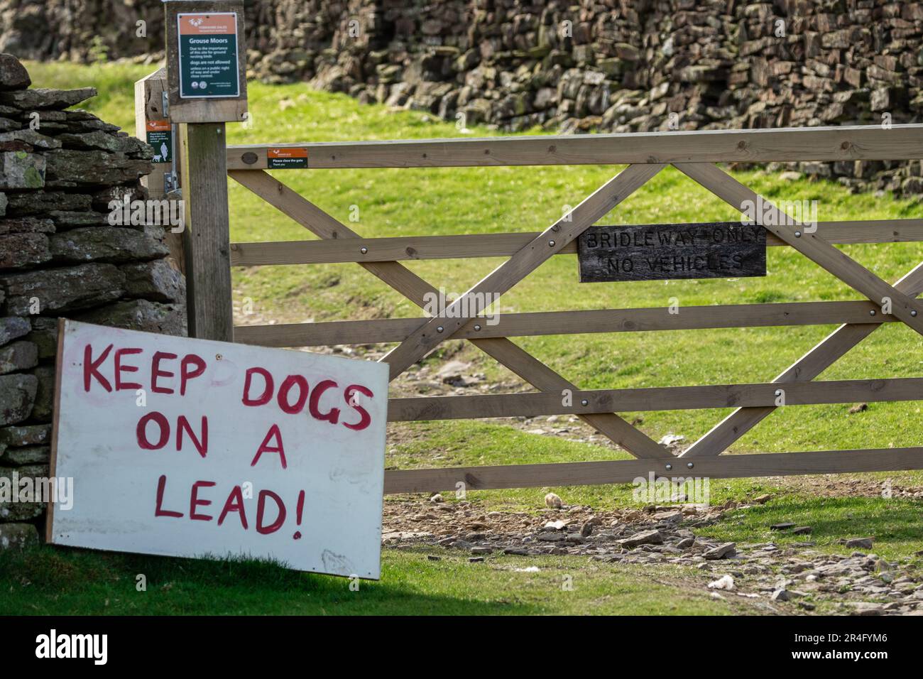 In den Yorkshire Dales, Großbritannien, ist ein Schild mit der Aufschrift „Dogs“ auf dem Schambereich angebracht, um im Frühling Vögel und Lämmer auf dem Boden zu schützen. Horizont Stockfoto