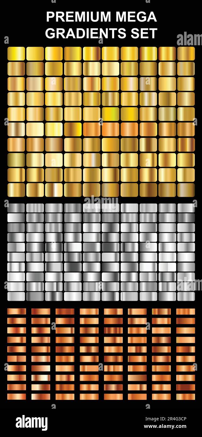 Premium Mega Gradienten Eingestellt. Farbfelder in Gold, Silber und Bronze. Stock Vektor