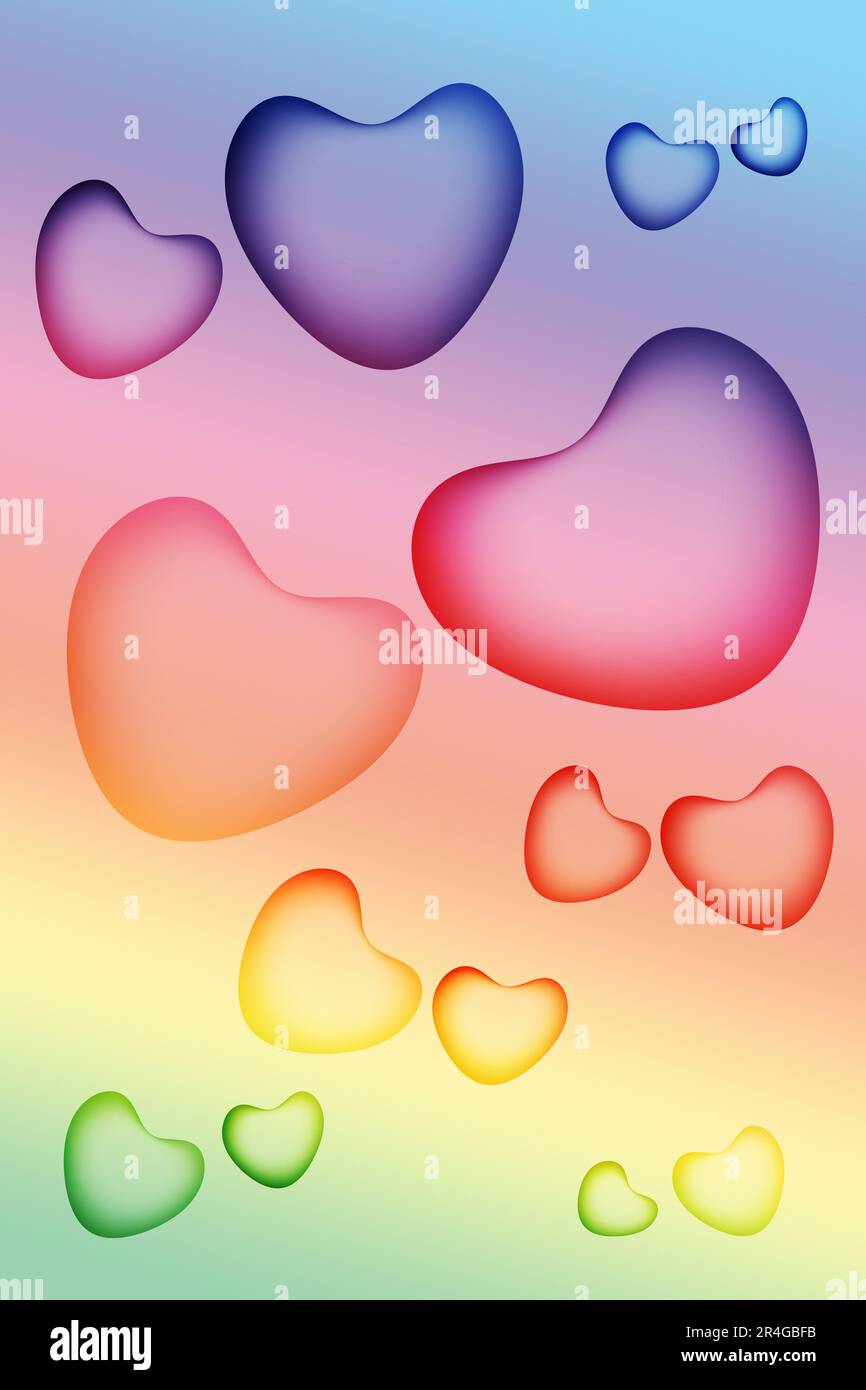 Abbildung: 3D unterschiedlich große Herzen auf verlaufenden Regenbogenstreifen Stockfoto