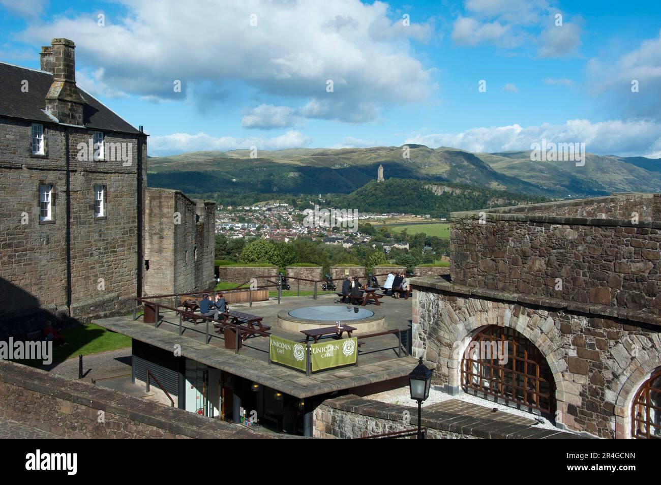 Union Cafe und Blick auf Stirling, Stirling Castle, Stirling, Schottland, Großbritannien Stockfoto