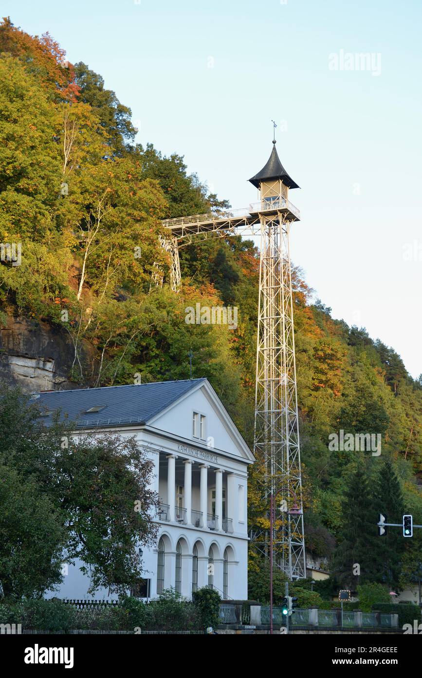 Lift, Stahlturm, Bad Schandau, Sachsen, Deutschland, Freistehender elektrischer Fahrgastaufzug, technisches Denkmal, von Rudolf Sendig Stockfoto