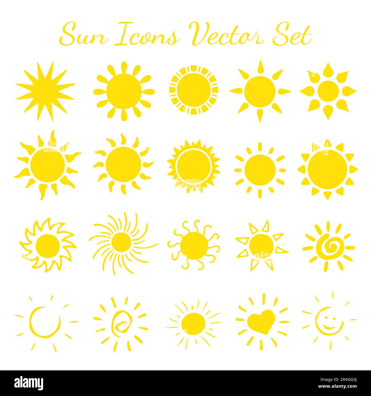 Vektor der Sonnensymbole auf weißem Hintergrund isoliert. Sonnenschein-Set. 20 Sonnenvektor. Sunset Icon Kollektion. Stock Vektor
