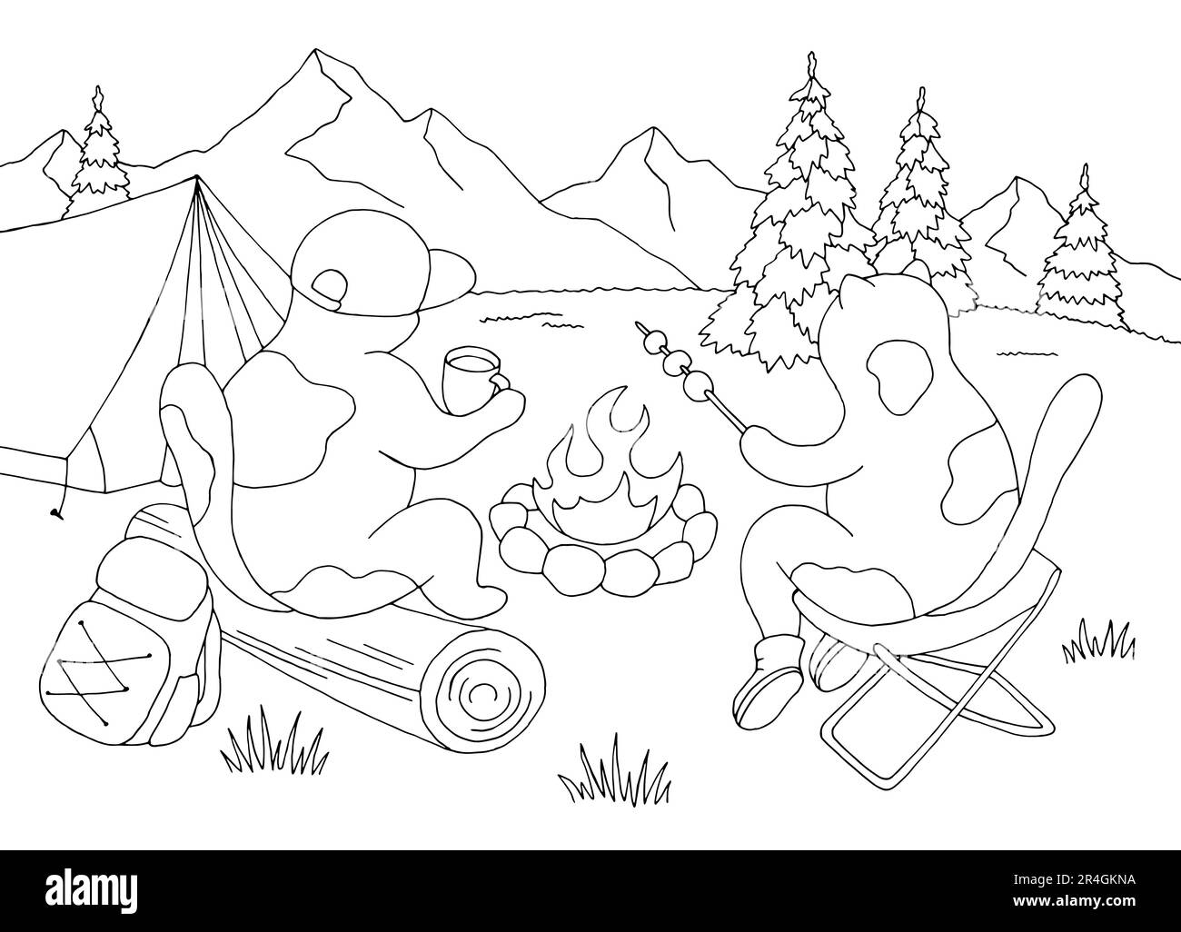 Katzen auf einer Wanderung sitzen am Feuer. Campinggrafik Schwarzweiß Landschaftszeichnung Zeichnungsvektor Stock Vektor