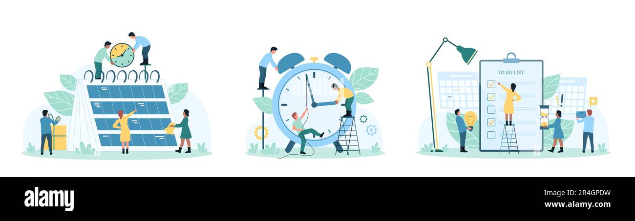 Darstellung des Zeitmanagements zum Festlegen des Vektors. Kleine Cartoon-Leute planen Geschäftsereignisse und Agenda auf einer Seite des Bürokalenders, arbeiten mit Aufgaben in der To-Do-Liste auf dem Klemmbrett, schieben die Hand der Deadline-Uhr Stock Vektor