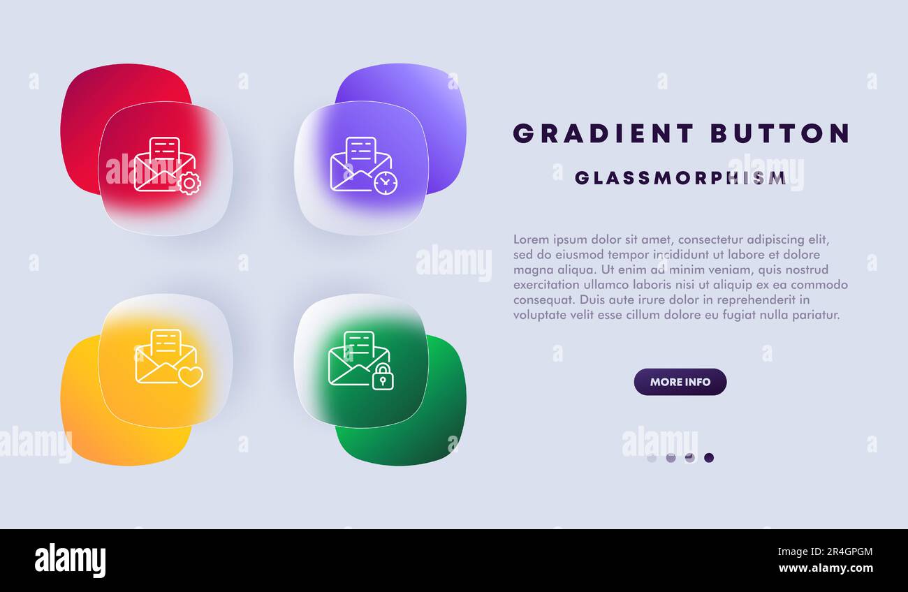 Buchstabensatz. Symbolisiert E-Mail oder E-Mail. Die Abbildung kann zusätzliche Elemente enthalten. Postkonzept. Glassmorphismus-Stil. Vektor linke Stock Vektor