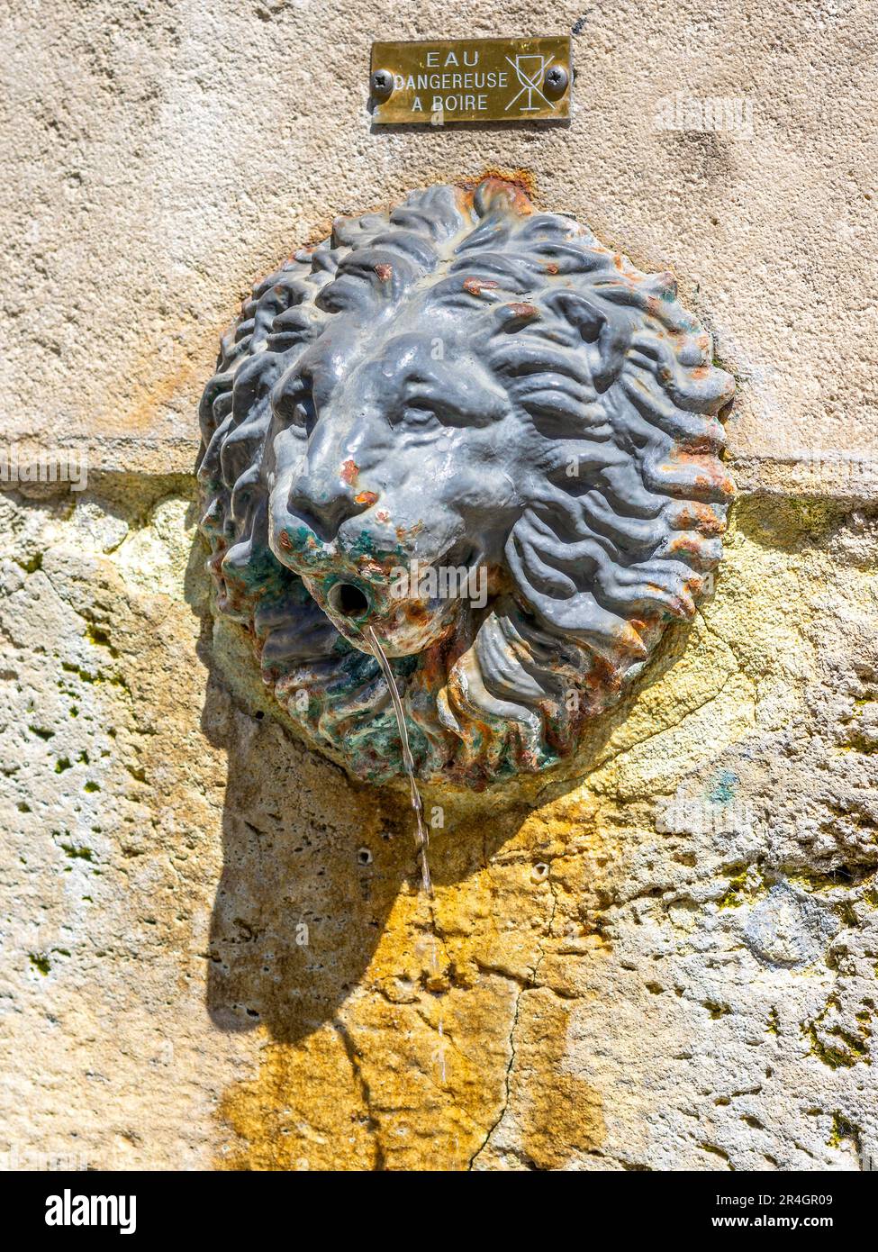 Löwenkopf-Wasserauslauf am Street Fountain - Tours, Indre-et-Loire (37), Frankreich. Stockfoto