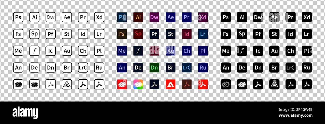 Adobe-Produkt. Logo-Satz von adobe-Produkten: adobe, Illustrator, photoshop, Creative Cloud, After Effects, lightroom. Logos von Adobe-Programmen Stock Vektor