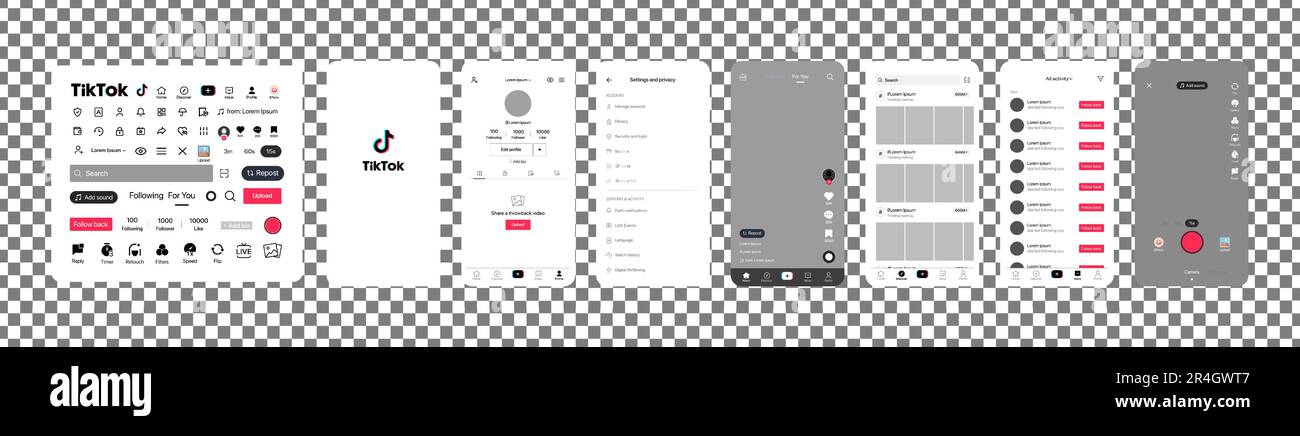 TIK Tok-Schnittstelle. TIK Tok Screen Social Media, Social Network Interface Template. Homepage, Laden, Empfehlungen, Abonnement, Profil. Strom, Stock Vektor