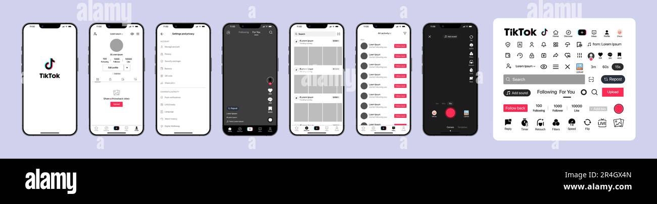 TIK Tok-Design. Tik Tok-Bildschirmvorlage für soziale Medien und soziale Netzwerke einrichten. Homepage, Empfehlungen, Abonnements. TIK Tok Bilderrahmen. Stock Vektor