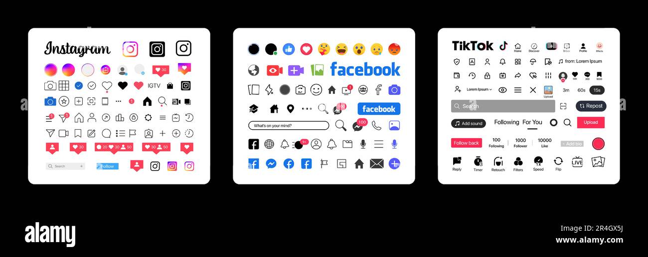 Instagram, Facebook, Tik Tok Buttons-Symbol. Legen Sie die Schnittstellenvorlage für soziale Medien und soziale Netzwerke für den Bildschirm fest. Geschichten, Symbole, Logo. Geschichten, gemocht, Stock Vektor