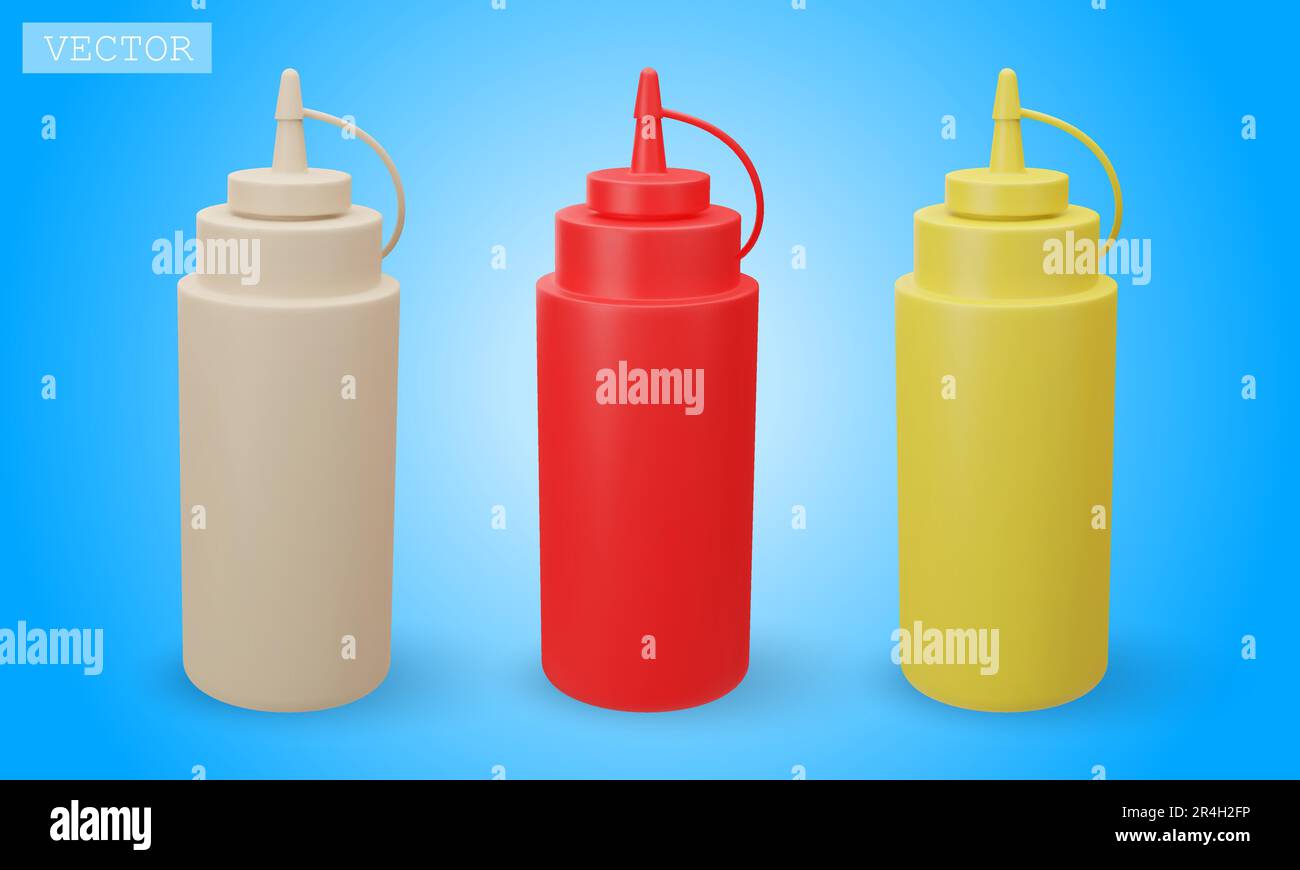 3D-ml-Rendering von Flaschen mit verschiedenen Saucen für Fast Food. Ketchup, Senf, Mayonnaise. Leuchtende Illustration im Cartoon-, Plastik-, Ton-3D-Stil. Isolat Stock Vektor