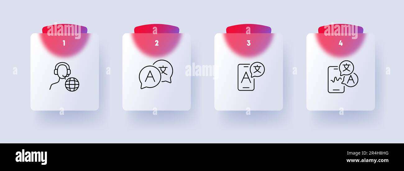 Symbolgruppe für Übersetzer. Sprachübersetzung, mehrsprachige Kommunikation, Verdolmetschung. Kommunikation. Glassmorphismus-Stil. Vektorliniensymbol für Busine Stock Vektor