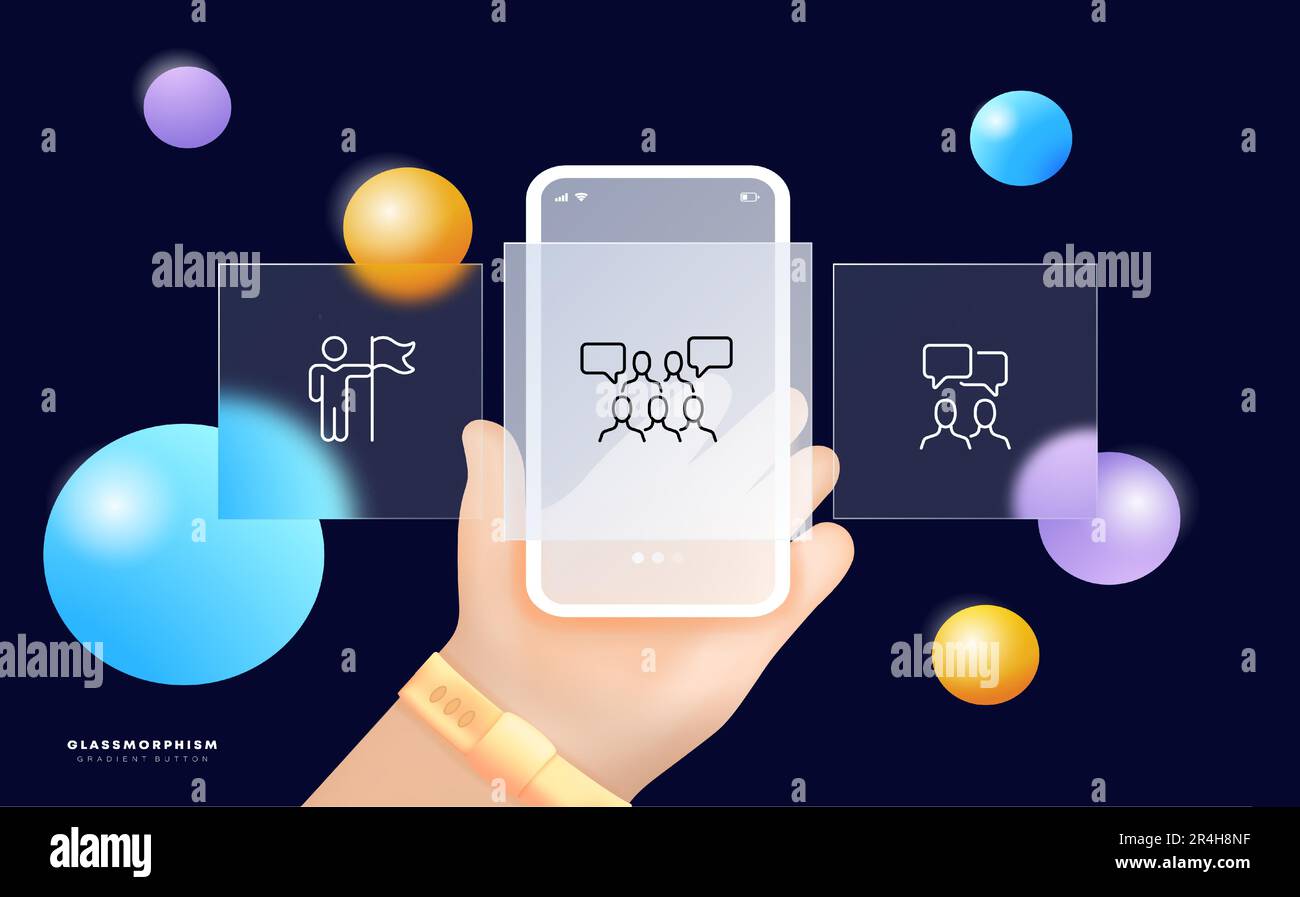 Symbolgruppe für Online-Kommunikation. Soziale Medien, Messaging, Videoanrufe, Foren. Digitale Interaktionen. Glasmorphismus. Bildschirm der UI-Telefon-App. Vektorlinie ico Stock Vektor