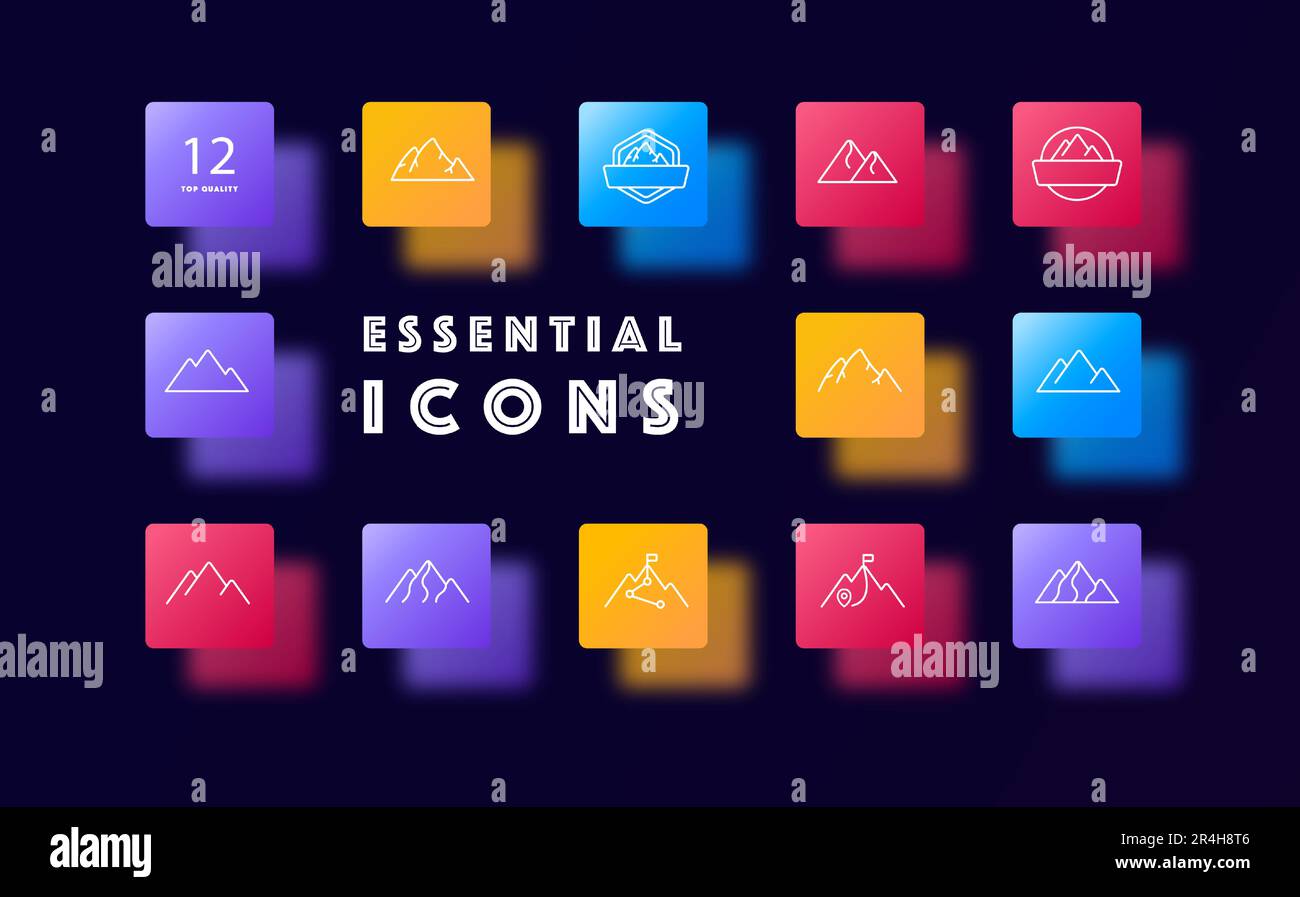 Berglandschaft – Symbolset. Majestätische Gipfel, zerklüftetes Gelände, natürliche Schönheit, Outdoor-Abenteuer. Bergig. Glassmorphismus-Stil. Vektorliniensymbol für Stock Vektor