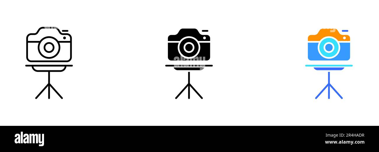 Eine Abbildung einer Kamera auf einem Stativ, die das Konzept von Fotografie, Kreativität und Kunst darstellt. Vektorsatz von Symbolen in Linien, Schwarz und Farbe Stock Vektor