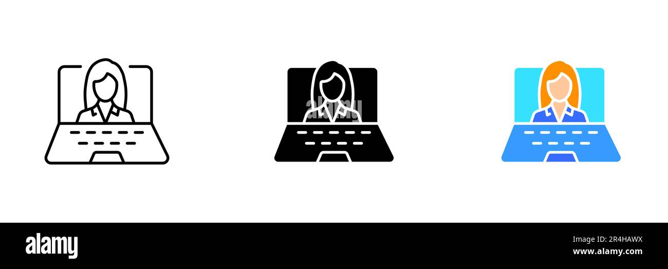 Eine Abbildung eines Laptops mit einer Frau auf dem Bildschirm, die Technologie und Kommunikation darstellt. Vektor-Satz von Symbolen in Linie, schwarz und farbenfroh Stock Vektor