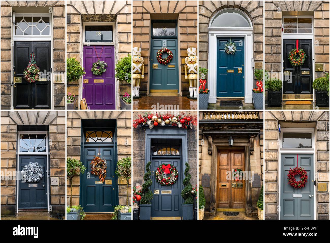 Composite of New Town Georgian Stadthäuser Vordertüren mit Weihnachtskränze, Edinburgh, Schottland, Großbritannien Stockfoto