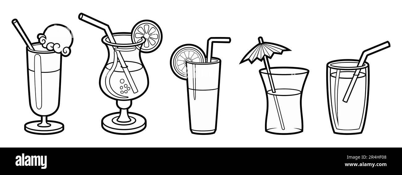 Zeichentrickset mit Doodle-Getränken. Sommer Strandgetränke Vektor lustige Illustration. Stock Vektor