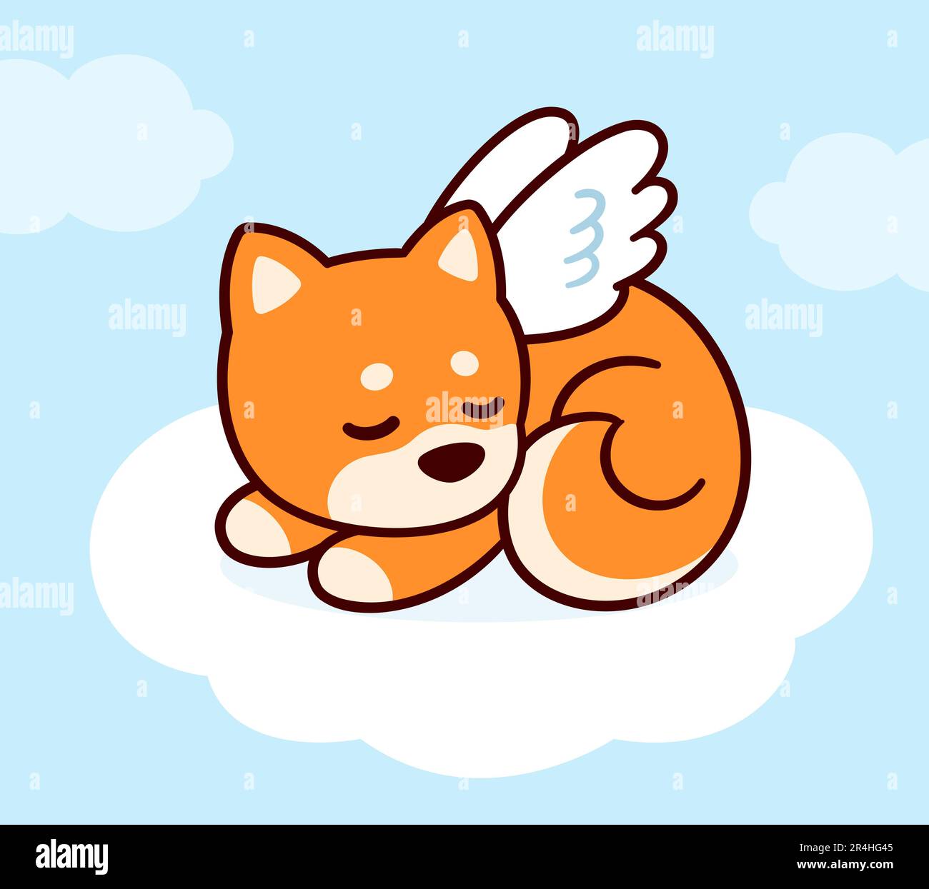 Süßer Engelshund mit Flügeln, der auf Wolken im Himmel schläft. Haustier Tod Verlust Grußkarte. Shiba Inu-Zeichnung, Vektordarstellung. Stock Vektor