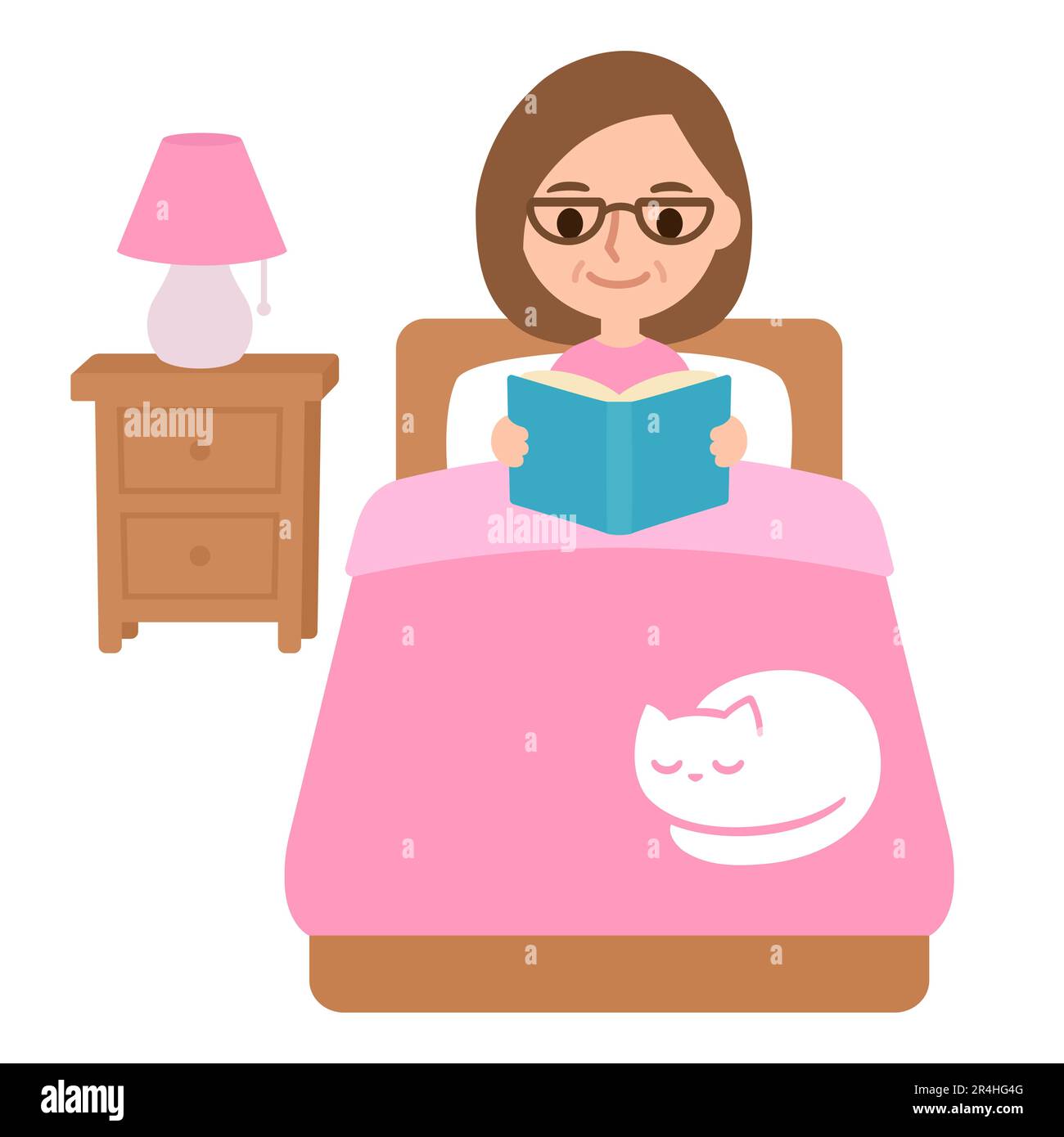 Frau mittleren Alters, die im Bett Buch liest, mit schlafender Katze. Süße Cartoon-Vektordarstellung. Schlafenszeit-Entspannungsroutine. Stock Vektor