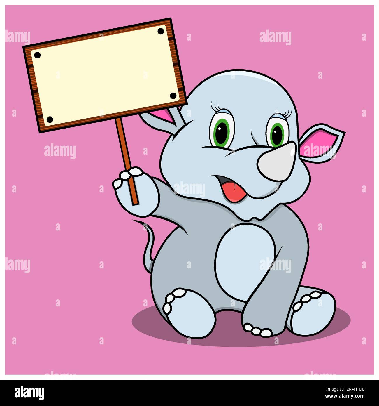 Charaktere Rhinozeros mit leerem Schild Holz, rosafarbener Hintergrund, Maskottchen, Symbol, Charakter oder Logo, Vektor und Illustration Stock Vektor