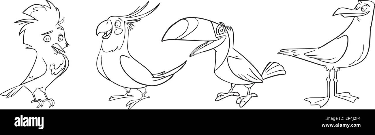 Schwarz-weiße Vögel stehen bereit. Niedliche Malseite für Kinder, Kritzelstil. Doodle-Style. Darstellung des Konturvektors für das Malbuch. Symbol Vektorblatt. Stock Vektor