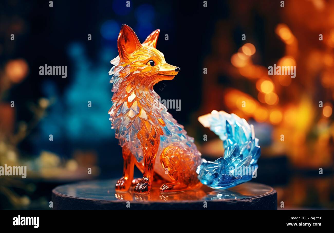 Ein schimmerndes kristallines Tier, der brillante Glasfuchs mit glitzernden Blau- und Orange-Schattierungen. Stockfoto