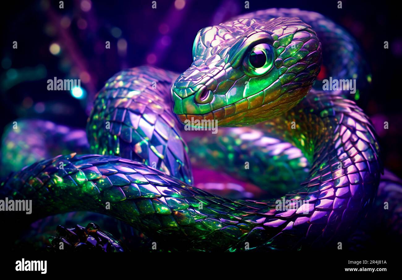 Die brillante Glasschlange, eine kristalline Kreatur, geschmückt mit glitzernden Grün- und Violetttönen, die ein faszinierendes Licht ausstrahlt. Stockfoto