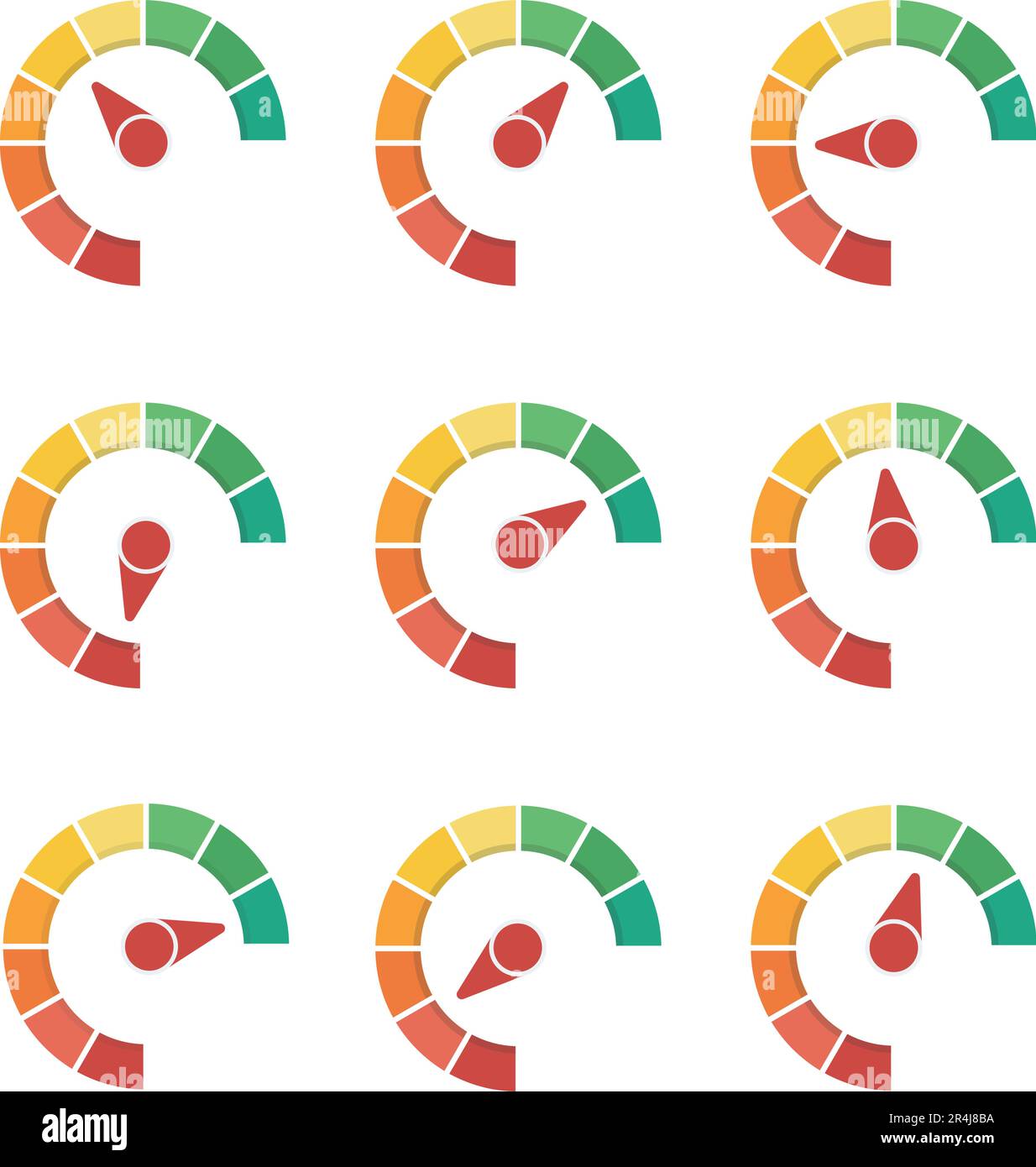 Flache Rückkopplungslehre und Leistungsmesser. Tachometer oder Druckdiagramm. Konzept des Geschäftsfortschritts, Zufriedenheit und Stimmung anständige Vektorsymbole Stock Vektor