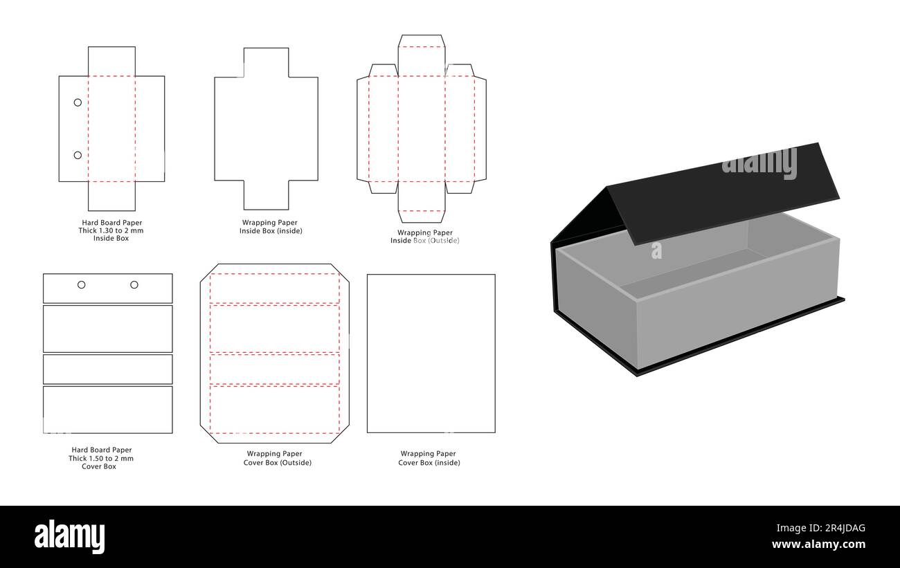 Magnet Lock starre Box die-Line-Vorlage und 3D-Rendering Stock Vektor