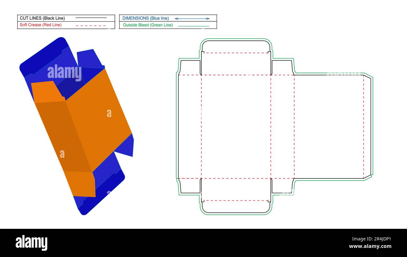 Gerade Tuck-End-Boxen Dieline-Vorlage und 3D-Renderkästchen Stock Vektor